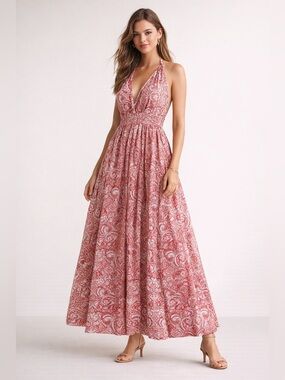 J. Crew Red Paisley Halter Maxi Dress